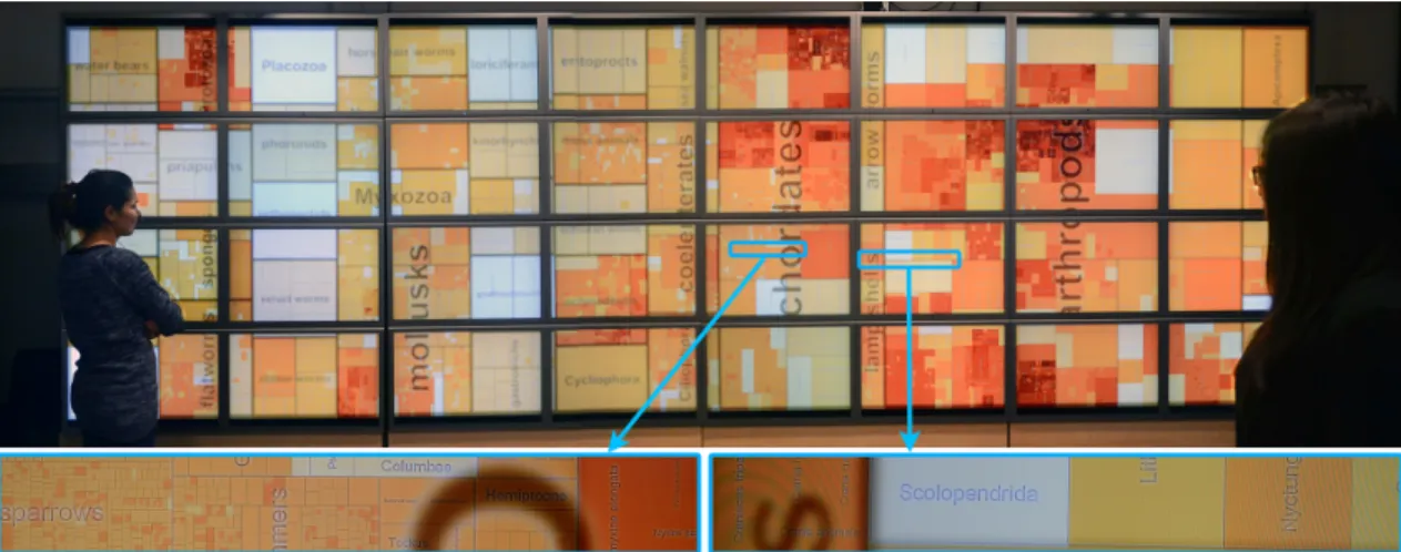 Fig. 1. Two viewers looking at a hybrid-image treemap and two close-up views from the center of the display.