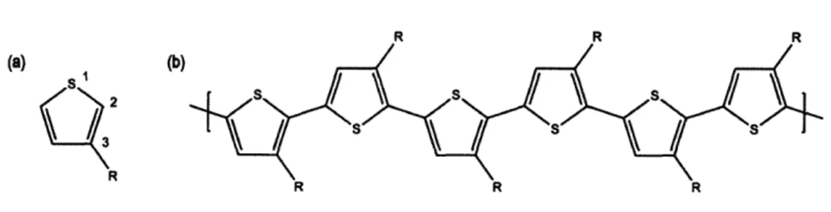 Figure  2-4.  (a)  Chemical  structure  of  a  3-substituted  thiophene  derivative.  The incorporation  of  a  functional  group  in  position  3  yields  a  monomer  with  lower symmetry