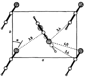 Figure 2-8.  Structure  of the  a-b  plane  orthogonal  to  the  chain axis  of PT.  Interchain distances  are reported  in Angstroms