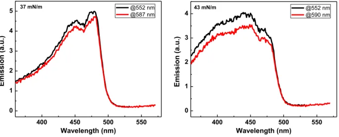 Figure 2.6. Excitation spectra at 37 mN/m (left) and 43 nm (right) of the P1 monolayer at the air-water  interface