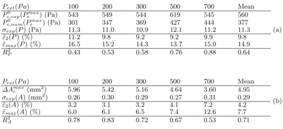 Table 1 Comparison between the predictions and the measurements of the pressure at the constriction P c 0 (a) and the constriction area A c (b), for different values of P ext .