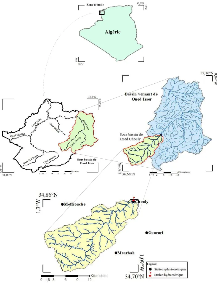 Figure 1. Situation du bassin versant de Oued Chouly et localisation des stations utilisées