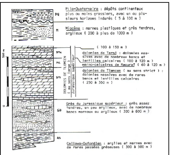 Figure 2. Coupe synthétique des principales formations affleurant dans les monts de Tlemcen  (jusqu'au callovo-oxfordien) (Collignon, 1986 in Gherissi, 2012)
