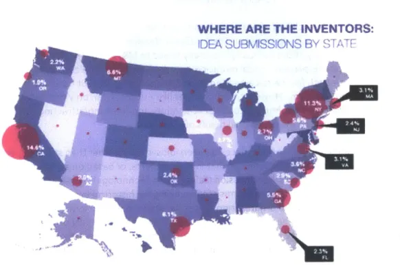 Figure 11:  Map showing where  inventions are  coming from that are  proposed to Quirky.