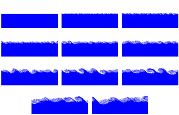 Figure 2. Numerical illustration of the Kelvin-Helmotz instability on a rectangle with periodic conditions (in the horizontal coordinate) involving a discontinuous initial speed
