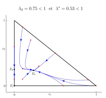 Figure 8 : Trajectoires dans l’espace (x 1 , x 2 ) : la vari´et´e stable de E 2 est sur l’axe (Ox 2 ).