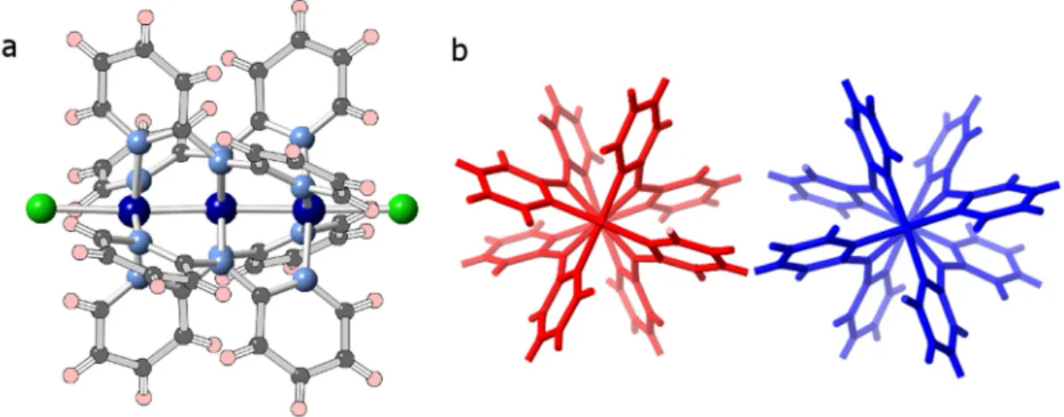 Figure 1. (a) Ball and stick representation of [Co 3 (dpa) 4 Cl 2 ]. Cobalt: dark blue, nitrogen: light blue,  chlorine: green, carbon: gray, hydrogen: pink; (b) Representation along the M−M−M axis of  [Δ-Co 3 (dpa) 4 Cl 2 ] (red) and [Λ-Co 3 (dpa) 4 Cl 2 