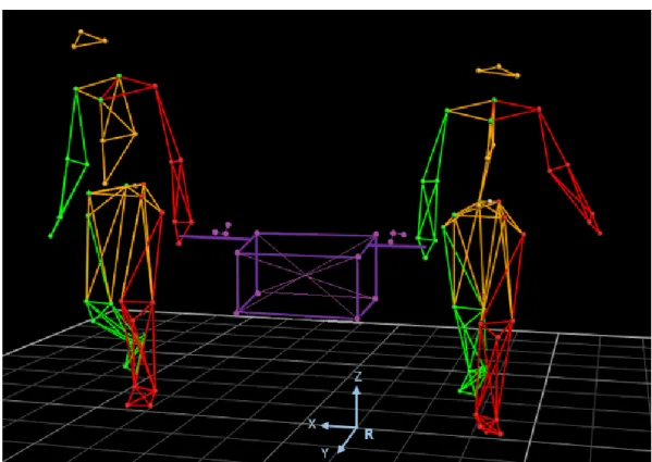 FIGURE 2.7 - Reconstruction du PACS sur le logiciel Vicon Nexus © . Chaque hémicorps d’un  individu  est  représenté  en  vert  (hémicorps  droit)  ou  en  rouge  (hémicorps  gauche),  le  tronc (tête, rachis dorsal, rachis lombaire et bassin) est représen