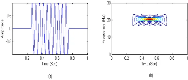 Figure II.6: (a): Signal sinusoïdal simple: f=20Hz, (b) Distribution de W.V du signal en  (a) [60]