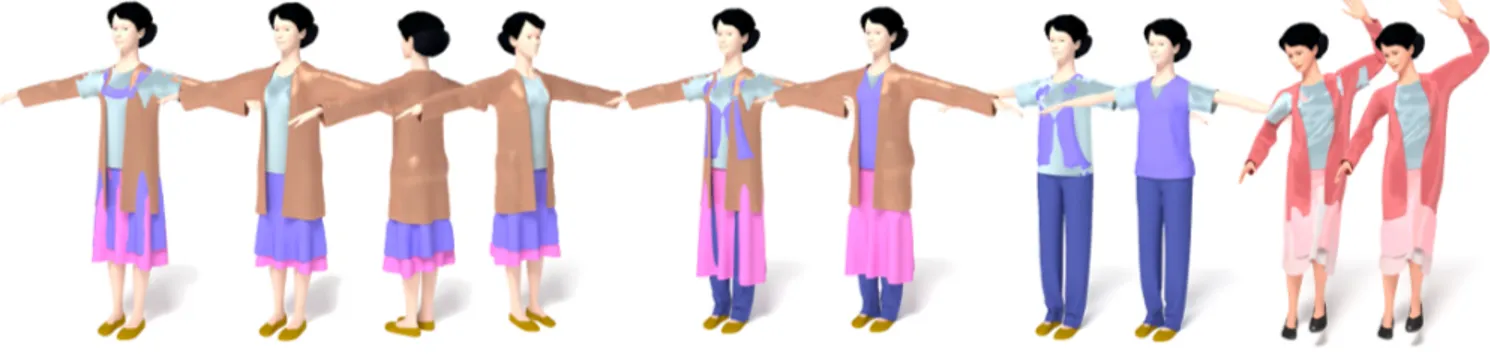Fig. 7. Various untangled clothing on top of the same mannequin body (the initial colliding configuration is shown on the left of each example)