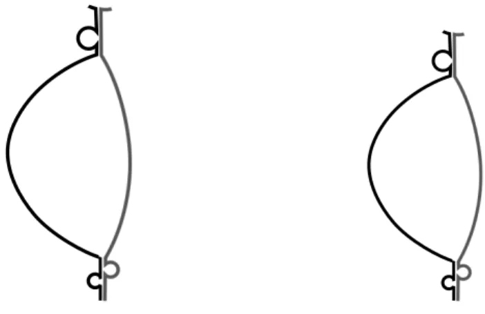 Figure 2. A schematic image of the two types of observable trajectories of the free gPS model in the delocalized (denaturated, melted) regime, according to whether the  expo-nent α is smaller (left picture) or larger (right picture) than 1 + α/2
