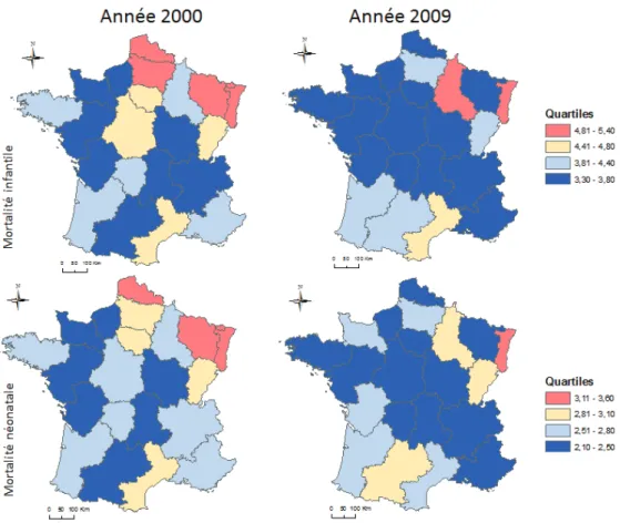 Figure 4: Distributions régionale des taux de mortalité infantile et néonatale en 2000 et 2009   France 