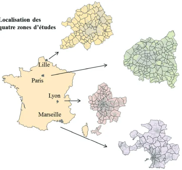 Figure  6:  Représentations  cartographiques  des  quatre  agglomérations  à  l’échelle  de  la  commune (contours noir) et à l’échelle de l’IRIS (contours gris)