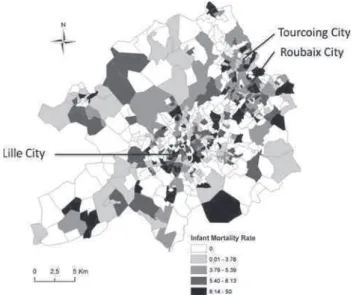 Figure 2 shows the spatial distribution of the deprivation index and also presents strong contrasts across the LMA.