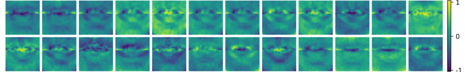 Fig. 4: Each one of these 67×67 images visualizes the learned values of the weights associated with a node of the first fully-connected layer of the base V-VAE architecture