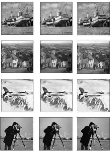 Fig. 14. (left) Original images ; (middle) blurry noisy versions with σ n = 0.01 ; (right) example of restored image using the mean blur estimate from one run of GIAnPF.