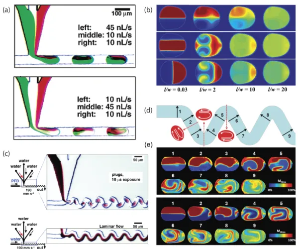 Figure 3. Spontaneous mixing of droplets flowing in straight channels for different (a) experimental  (reprinted with permission from [14], copyright 2003 American Chemical Society), and (b) theoretical  studies (reprinted from [40] with permission from El