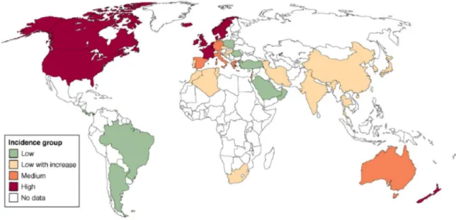Figure 2  : Incidence des MICI dans le monde (d’après Cosnes Gastroenterology 2011) 