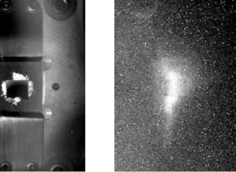 Figure 2: Left: image of the sample, illuminated by external light on a Omicron sample holder mounted on the manipulator in the center of the collision chamber