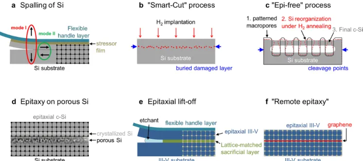 Figure 5. Transfer techniques for monocrystalline semiconductor thin-films. (a) Spalling makes use of a  stressor layer (metal or glue) deposited on the silicon wafer, that induces a pure opening stress (mode I) and a  shear stress (mode II) 74 