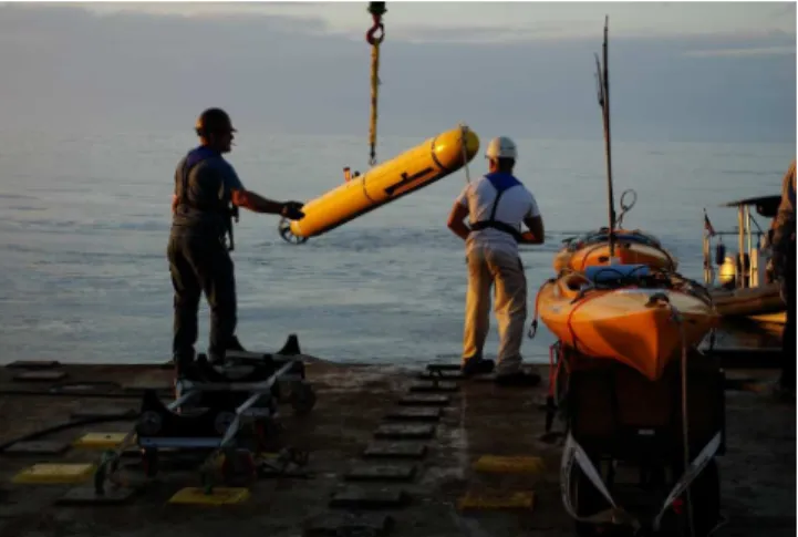 Fig. 1. An Autonomous Underwater Vehicle (AUV) on the crane and two Autonomous Surface Craft (ASC) on deck after a cooperative navigation experiment