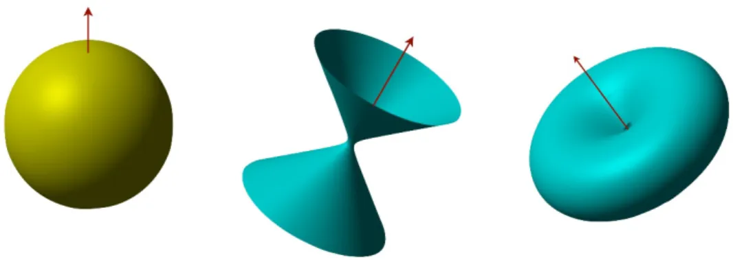 Figure 1. Sphere, hyperboloid and the warped hyperboloid (4.61) in a 2d projection, i.e