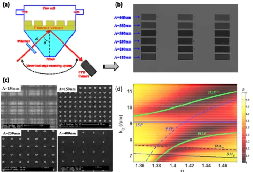 Fig 7. (a) Scheme of the SPR imaging system used to characterize the fabricated nanostructure in the Kretschmann configuration