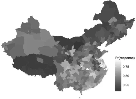 Figure 2. Predicted government responsiveness to constituency service requests. Estimated probabilities of response for each prefecture in the study