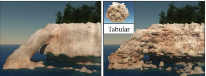 Fig. 1 Given an low resolution input terrain T , our method generates fractured mesoscale blocks featuring small-scale  de-tails inside a cubic tile, and replicates them realistically in the scene according to the geology of the different strata.