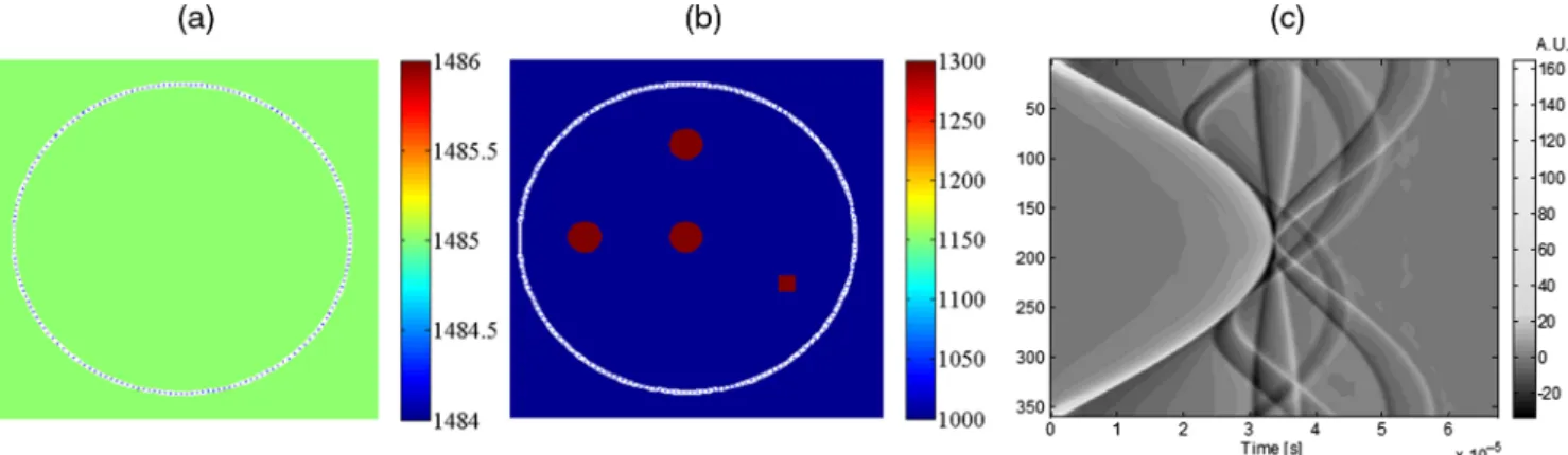 Fig. 5 (a) Sinogram for source #1. (b) Mass density ρ (kg s −3 ). (c) Speed of sound ν (m s −1 ) map.