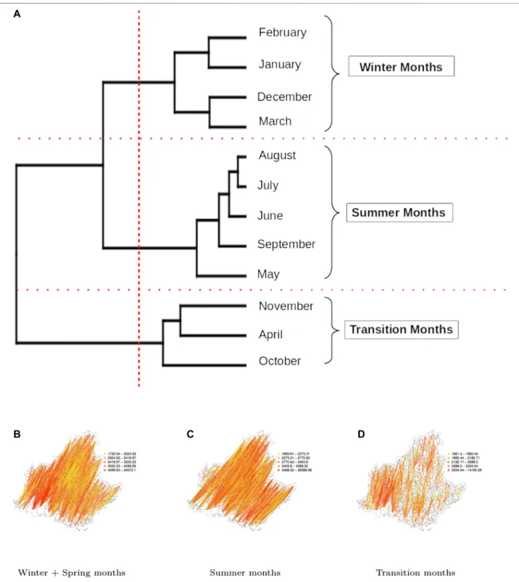 FIGURE 7 | Clustering according to the indices calculated over the PACA spatio-temporal network: (A): Dendrogram of the months obtained from a hierarchical cluster analysis of the PACA spatio-temporal network based on the monthly dissimilarities of the ind