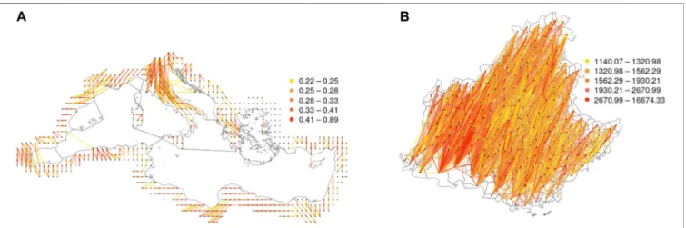 FIGURE 4 | Networks weighted by contact-based connectivities generated by air mass trajectories: The connectivities are generated by air mass trajectories between (A) the 604 sampled circular areas within the Mediterranean basin and (B) the 294 watersheds 
