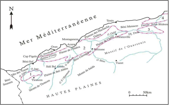 Figure 2 : Situation géographique et bordures du bassin du Bas Chélif  (d’après Delfaut  et al.,1973 ; legérment modifiée,       secteur d’etude  ) 