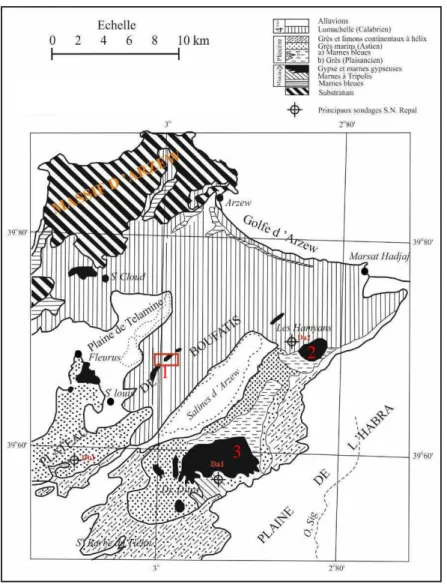 Figure 7 : carte géologique du plateau de Boufatis (Plateau de St. Louis)  (Levés inédits de Nicod, Perrodon et Winnock, in Perrodon 1957) 
