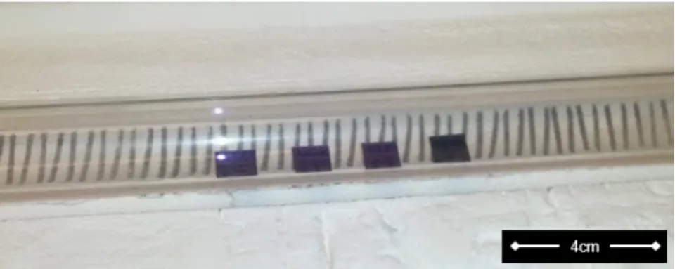Figure 4.2: Quartz tube loaded with four 1 cm growth wafer chips at -2, 0, 2 and 4 cm positions.