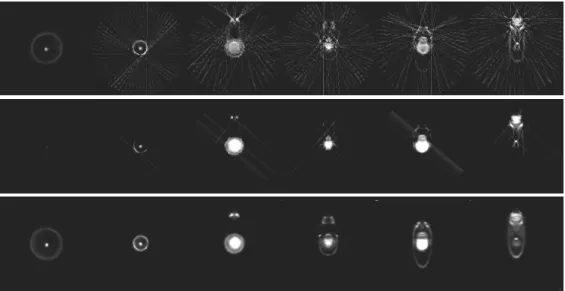 Fig. 5. Few cross-sections along Y-Axis of the imaged object obtained respectively by BFP, THz-SART and THz ML-TR methods (from the first to the last line, respectively)