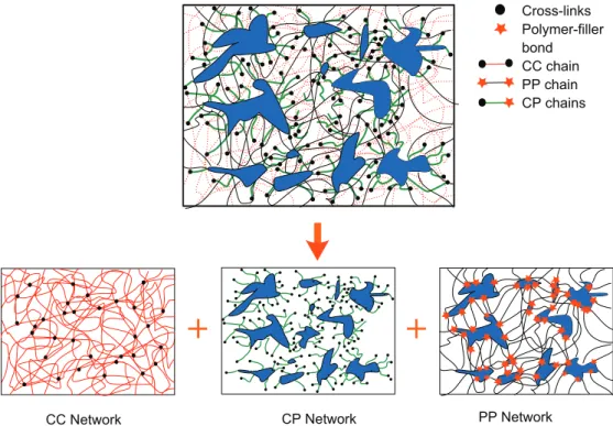 FIG. 2. (Color online) Decomposition of the rubber matrix into three parallel CC, CP, and PP networks.
