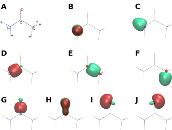 Figure 1. Examples of extremely localized molecular orbitals computed for acetamide (see panel (A)) using a localization  scheme corresponding to the Lewis diagram of the molecule: (B) ELMO describing the lone pair of the nitrogen atom, (C)  ELMO associate