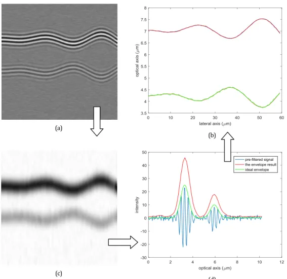 Fig. 32 Signal processing analysis for a wavy synthetic transparent surface: (a) output of  pre-filtering using the EMD-SGolay filter; (b) surface profile, (c) 2D and (d) 1D fringe 