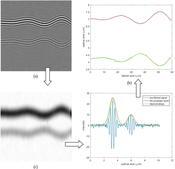 Fig. 33 Signal processing analysis for a wavy synthetic transparent surface: (a) output of  pre-filtering using the EMD-SGolay filter; (b) surface profile, (c) 2D and (d) 1D fringe 