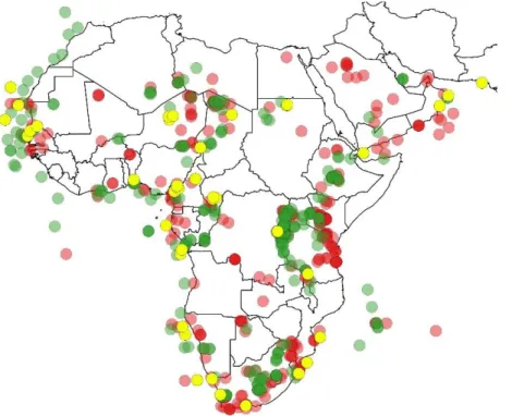 Figure 1.  Map showing existing paleoecological sites currently within the African Pollen Database  (green), datasets obtained but not yet within APD (yellow), and known datasets not currently  contributed to the APD (red dots)