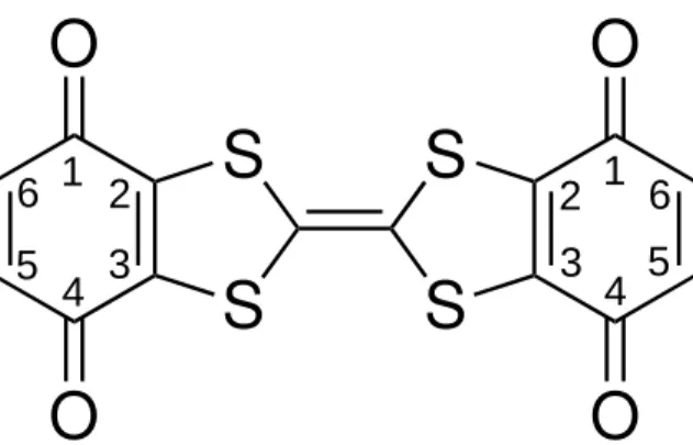 Figure 13: The mixed-valence Q-TTF-Q anion. The quinone ring-numbering shown here is used to describe bond lengths in Table 3.