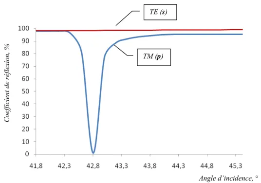 Fig. I.12 : Coefficients de réflexion d’une interface « Argent/Air » en fonction de  l’angle d’incidence pour les polarisations TM (p) et TE (s)
