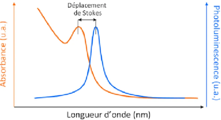 Figure I.4 Décalage de Stokes sur un spectre d'absorption                                                                 et un spectre de photoluminescence [7]