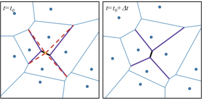 Figure 2. During one timestep (left) and the next (right), the connectivity between cells in the moving Voronoi mesh may change