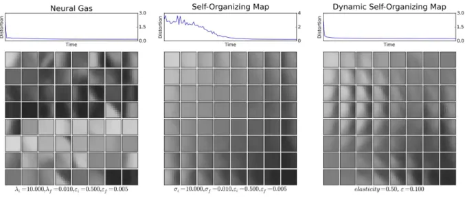 Figure 7: Three networks (NG, SOM, DSOM) have been trained for 20 000 iterations on 1000 samples of size 8 × 8 pixels that have been drawn uniformly from the standard lena grey image.