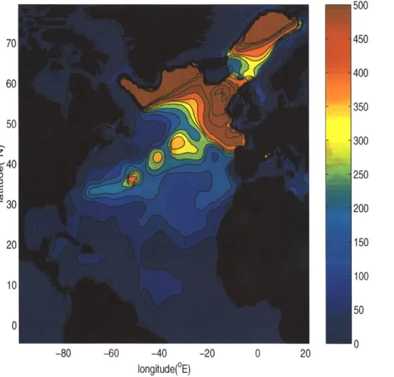 Figure  2-16:  Climatological  mixed-layer-depth  (meter) [1997].  The  contour  intervals  are  50  m  and  200  m  for respectively.