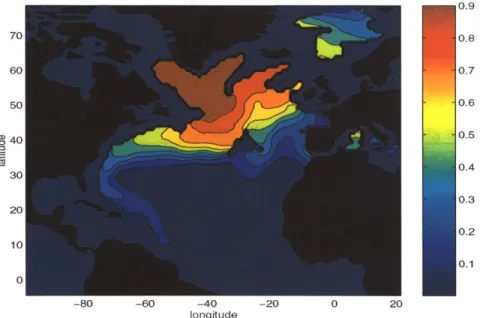 Figure  2-19:  Snapshot  of  the idealized  tracer  concentration  at  1750  m  depth  at  the  begin- begin-ning  of year  20  in  the  model.