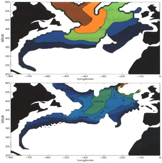 Figure  3-8:  Modeled  CFC-11  (upper)  and  salinity  (lower)  distributions  at  2200  m  depth, Jan