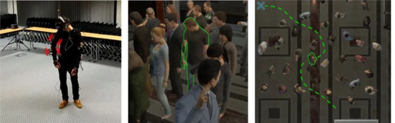 Fig. 1. Our objective is to understand whether and to what extent providing haptic rendering of collisions during navigation through a virtual crowd (right) makes users behave more realistically